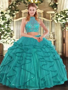 Hot Sale Turquoise Sleeveless Beading and Ruffled Layers Floor Length Sweet 16 Dresses
