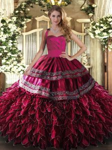 Halter Top Sleeveless Quinceanera Gown Floor Length Embroidery and Ruffles Wine Red Organza