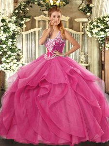 Fantastic Hot Pink Lace Up Quinceanera Dresses Beading and Ruffles Sleeveless Floor Length