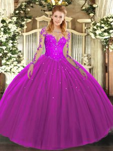 Hot Sale Ball Gowns 15th Birthday Dress Fuchsia Scoop Tulle Long Sleeves Floor Length Lace Up