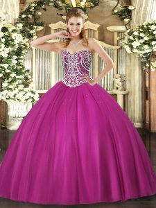 Shining Floor Length Ball Gowns Sleeveless Fuchsia Sweet 16 Dress Lace Up
