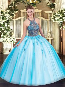 Aqua Blue Tulle Lace Up Halter Top Sleeveless Floor Length Quinceanera Dress Beading and Appliques