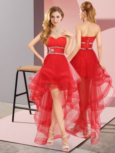 Custom Fit Red A-line Tulle Sweetheart Sleeveless Beading High Low Lace Up Prom Party Dress