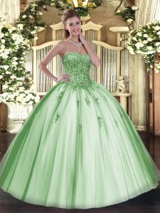 Apple Green Tulle Lace Up Ball Gown Prom Dress Sleeveless Floor Length Beading and Appliques