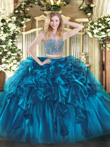 Blue Two Pieces Scoop Sleeveless Organza Floor Length Lace Up Beading and Ruffles 15th Birthday Dress