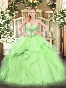 Affordable Sleeveless Floor Length Beading and Ruffles Lace Up Quinceanera Gowns with Yellow Green