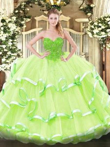 Most Popular Sleeveless Organza Floor Length Lace Up Quinceanera Dresses in Yellow Green with Lace