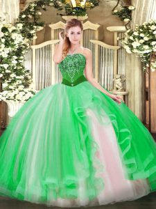 Green Tulle Lace Up Strapless Sleeveless Floor Length Quinceanera Gowns Beading and Ruffles