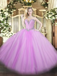 Sexy Lavender Ball Gowns Tulle Sweetheart Sleeveless Beading Floor Length Lace Up Sweet 16 Dresses
