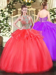 Coral Red Lace Up 15 Quinceanera Dress Beading and Ruffles Sleeveless Floor Length