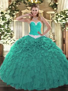 Modern Turquoise Quinceanera Gown Military Ball and Sweet 16 and Quinceanera with Appliques and Ruffles Sweetheart Sleev