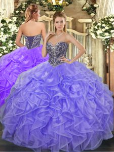 Lavender Ball Gowns Sweetheart Sleeveless Organza Floor Length Lace Up Beading and Ruffles Sweet 16 Dresses