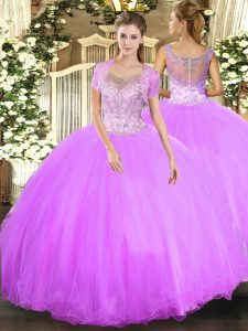 Lilac Ball Gowns Tulle Scoop Sleeveless Beading Floor Length Clasp Handle Quince Ball Gowns
