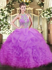 Luxurious Lilac Ball Gown Prom Dress Military Ball and Sweet 16 and Quinceanera with Beading and Ruffles Halter Top Slee