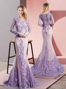 Glorious Long Sleeves Tulle Sweep Train Zipper in Lavender with Beading and Appliques