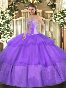 Luxury Ball Gowns Quince Ball Gowns Lavender Sweetheart Tulle Sleeveless Floor Length Lace Up