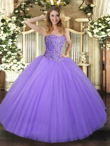 New Style Floor Length Lace Up Quinceanera Dress Lavender for Military Ball and Sweet 16 and Quinceanera with Beading