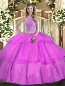 Ideal High-neck Sleeveless Lace Up Quinceanera Gown Lilac Tulle