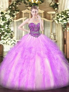 Fancy Lilac Lace Up Sweet 16 Dresses Beading and Ruffles Sleeveless Floor Length