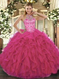 Custom Design Sleeveless Organza Floor Length Lace Up Quinceanera Gown in Hot Pink with Beading and Embroidery