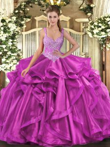 Fantastic Fuchsia Organza Lace Up Straps Sleeveless Floor Length Ball Gown Prom Dress Beading and Ruffles
