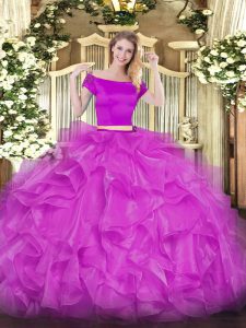 Beautiful Fuchsia Two Pieces Organza Off The Shoulder Short Sleeves Appliques and Ruffles Floor Length Zipper 15 Quincea