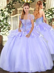 Fitting Lavender Organza Lace Up Quinceanera Gowns Sleeveless Floor Length Appliques
