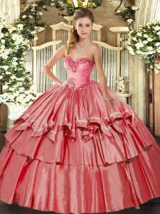 Wonderful Sleeveless Organza and Taffeta Floor Length Lace Up Sweet 16 Dress in Coral Red with Beading and Ruffled Layer
