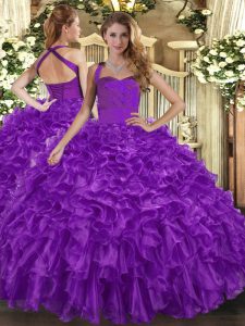 Purple Ball Gowns Organza Halter Top Sleeveless Ruffles Floor Length Lace Up Quince Ball Gowns