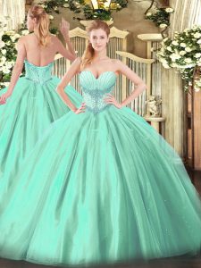 Customized Floor Length Turquoise Vestidos de Quinceanera Tulle Sleeveless Beading
