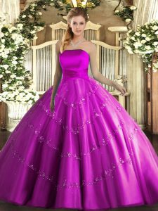 Great Fuchsia Sleeveless Appliques Floor Length Ball Gown Prom Dress