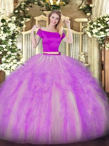 Designer Floor Length Zipper Quince Ball Gowns Lilac for Military Ball and Sweet 16 and Quinceanera with Appliques and R