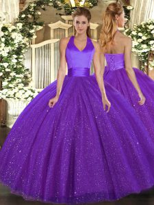 Sleeveless Tulle Floor Length Lace Up Sweet 16 Dress in Purple with Sequins
