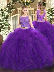 Purple Sleeveless Tulle Lace Up Ball Gown Prom Dress for Military Ball and Sweet 16 and Quinceanera