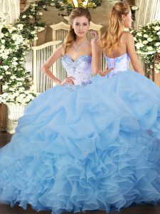 Blue Ball Gowns Organza Sweetheart Sleeveless Beading and Ruffles and Pick Ups Lace Up Quinceanera Gown