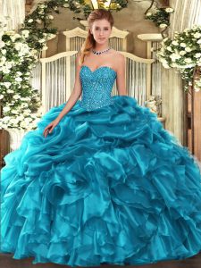 Customized Teal Sleeveless Beading and Ruffles and Pick Ups Floor Length Quinceanera Dress