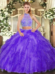 Captivating Purple Halter Top Criss Cross Beading and Ruffles Quinceanera Gown Sleeveless