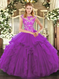 Cap Sleeves Organza Floor Length Lace Up Quince Ball Gowns in Purple with Beading and Ruffles