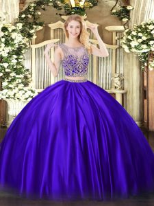 Stylish Purple Satin Lace Up Quince Ball Gowns Sleeveless Floor Length Beading