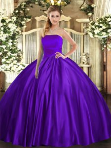 Glittering Purple Ball Gowns Strapless Sleeveless Satin Floor Length Lace Up Ruching 15th Birthday Dress