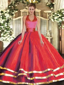 Red Sleeveless Tulle Lace Up Quince Ball Gowns for Military Ball and Sweet 16 and Quinceanera