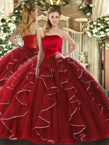 Latest Strapless Sleeveless Lace Up Vestidos de Quinceanera Wine Red Tulle