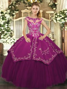 Affordable Purple Cap Sleeves Floor Length Beading and Embroidery Lace Up Ball Gown Prom Dress