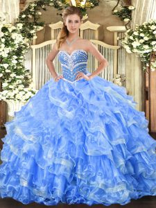 Ideal Baby Blue Ball Gowns Organza Sweetheart Sleeveless Beading and Ruffled Layers Floor Length Lace Up Sweet 16 Dress