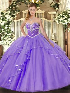 Pretty Sweetheart Sleeveless Ball Gown Prom Dress Floor Length Beading and Ruffles Lavender Tulle