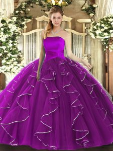 Purple Tulle Lace Up Sweet 16 Dress Sleeveless Floor Length Ruffles