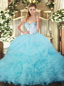 Fantastic Sweetheart Sleeveless Quinceanera Dresses Floor Length Beading and Ruffles and Pick Ups Aqua Blue Organza