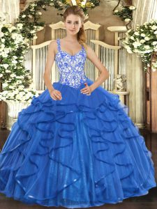 Vintage Blue Tulle Lace Up Straps Sleeveless Floor Length Sweet 16 Quinceanera Dress Beading and Appliques and Ruffles