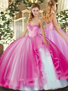 Deluxe Floor Length Lace Up Vestidos de Quinceanera Fuchsia for Military Ball and Sweet 16 and Quinceanera with Beading 