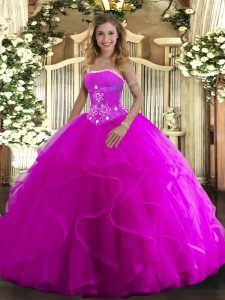 Fuchsia Tulle Lace Up Strapless Sleeveless Floor Length Quince Ball Gowns Beading and Ruffles